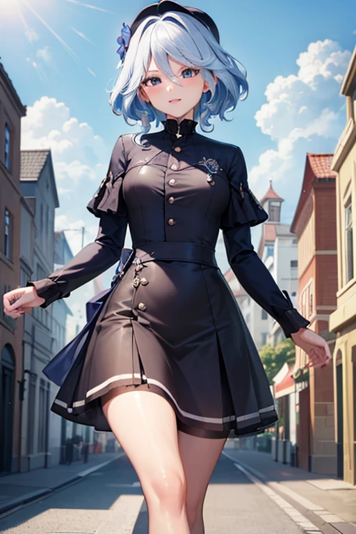 (highest quality,4K,High resolution,masterpiece:1.2),Very detailed,Beautiful details, age body,Expressions of joy,Furina character, 16-year-old teen, Happy expression,Walking around the city, Shiny Hair