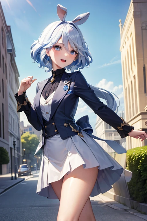 (highest quality,4K,High resolution,masterpiece:1.2),Very detailed,Beautiful details, Teenage body,Expressions of joy,Furina character, -yeld tey expression,Walking around the city, Shiny Hair