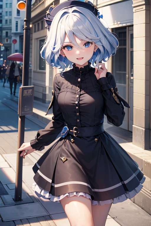(highest quality,4K,High resolution,masterpiece:1.2),Very detailed,Beautiful details, Teenage body,Expressions of joy,Furina character, 16-year-old teenager, Happy expression,Walking around the city, Shiny Hair