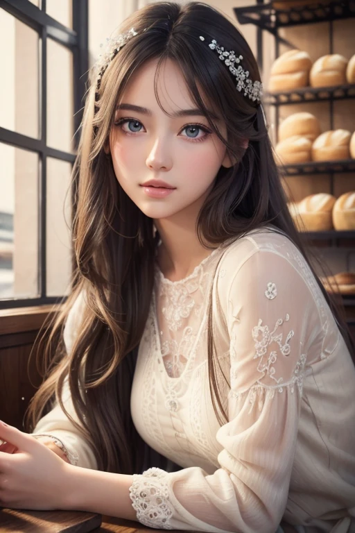 a delicate girl with long hair, beautiful detailed eyes, beautiful detailed lips, extremely detailed face, longeyelashes, sitting in a cozy bakery, surrounded by fresh baked milk buns, warm lighting, soft pastel colors, intricate details, photorealistic, 8k, high quality, cinematic lighting