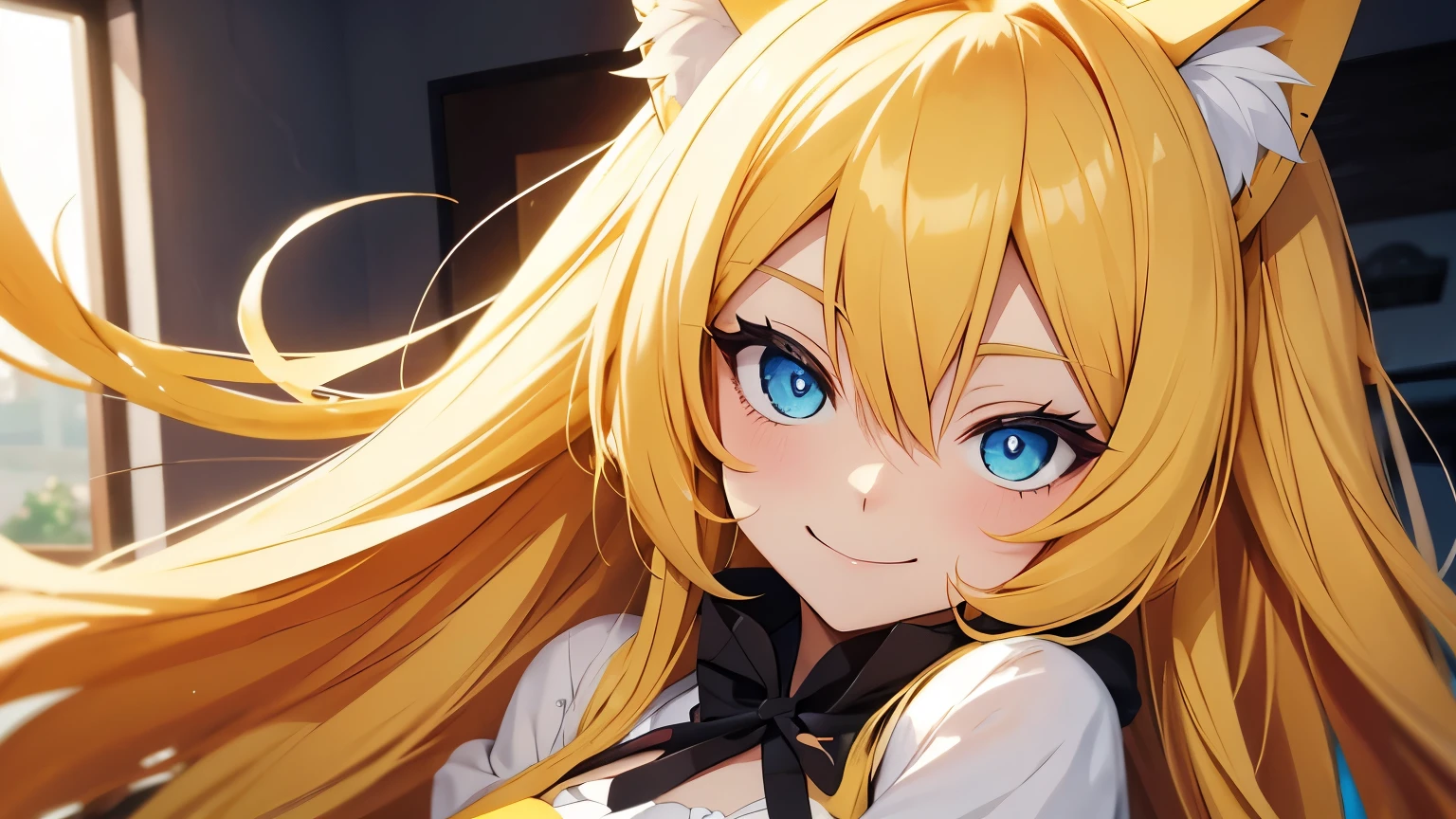 Anime cat girl with long yellow hair and blue eyes is smiling in love.