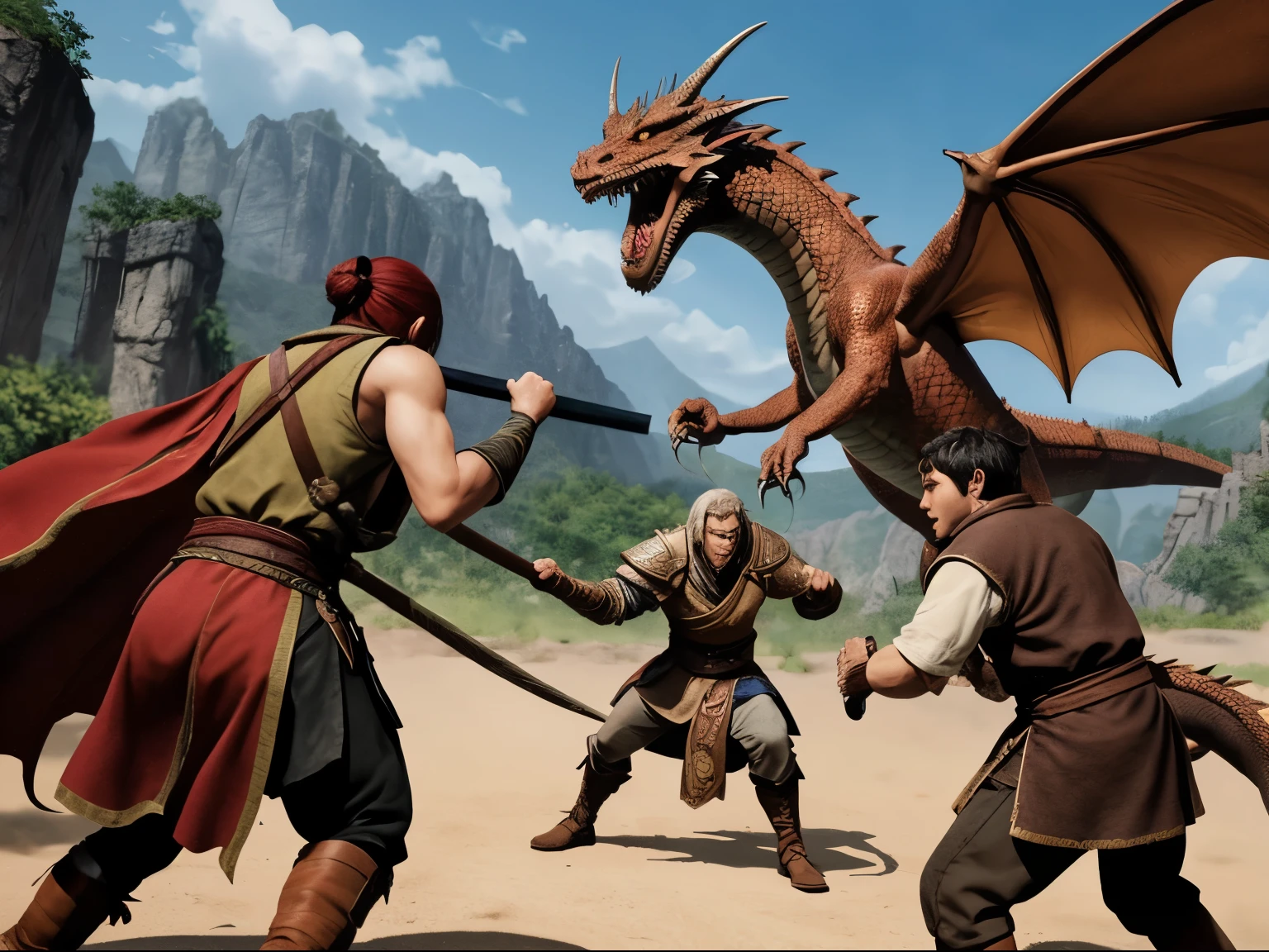 a multiracial rpg group fighting a dragon

