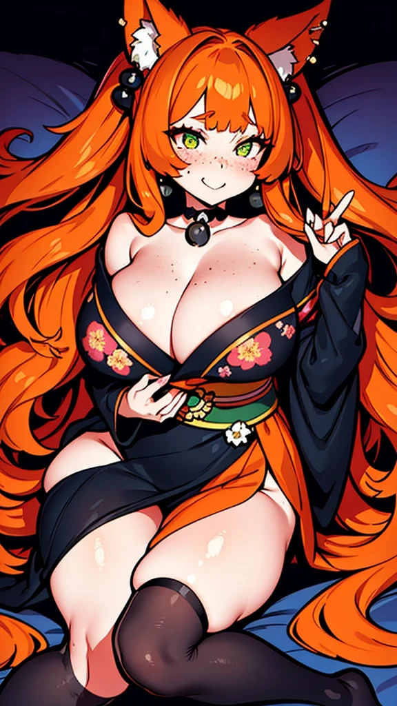 a beautiful and stunning woman with long, wavy orange hair and green eyes, twin volumous ponytails, wearing a black kimono with a red floral print , orange fox ears, lying on the bed with a shy smile, red cheeks and light freckle marks only on her face, defined silhouette, huge breasts, thick thighs, earrings of skulls, dark environment, dark colors, pastel tone, cold palette, sharpness, attention to detail, richness of details, cute aesthetics, cherry blossoms decorating the hair