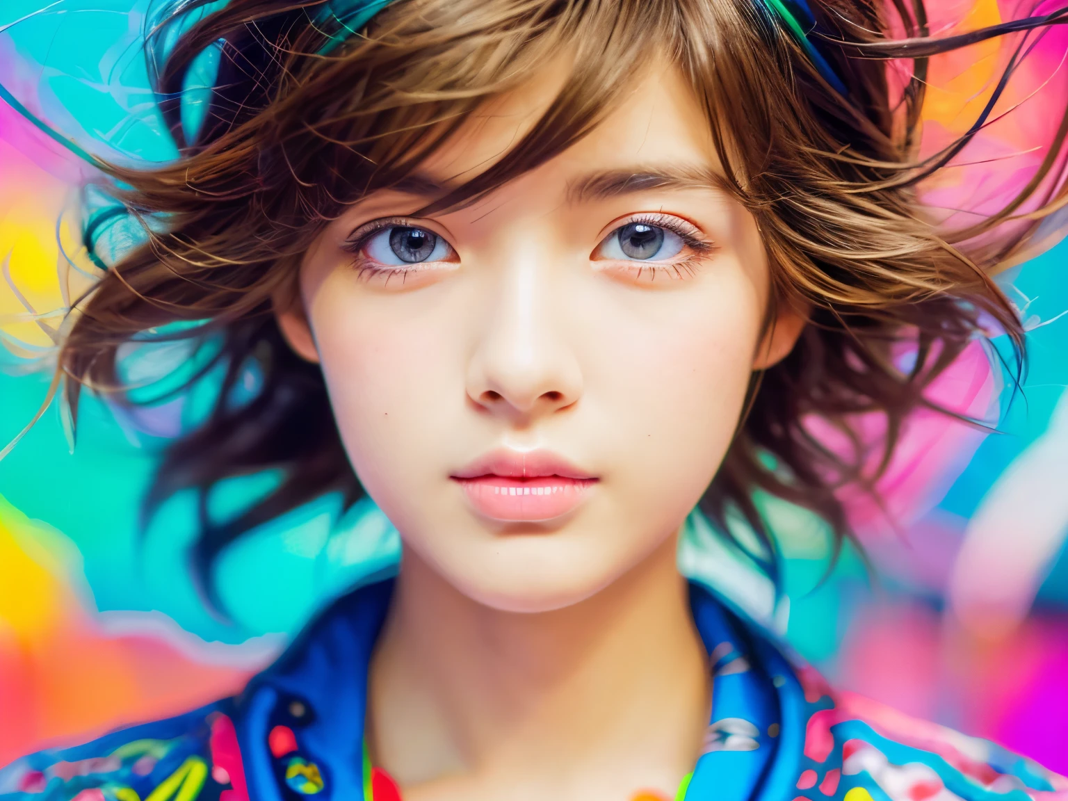 (masterpiece), (best quality), (ultra detailed),(messy hair),(illustration), (1boy,1girl), avatar, macro lens, (Fashionable clothing), standing,Fashion model, looking at viewer, ( interview), (simple background), beautiful detailed eyes, exquisite beauty, Floating, (high saturation), (colorful splashs), colorful bubble, (shining), focus on face,