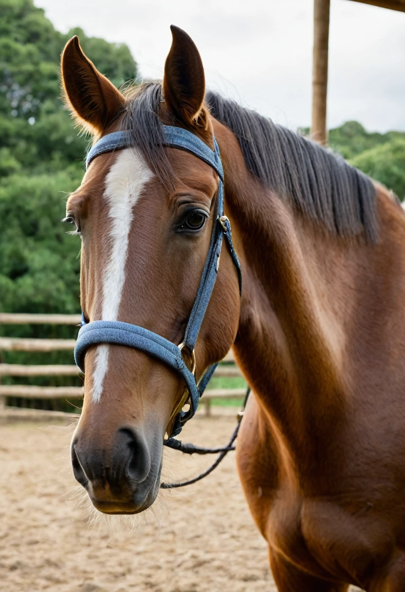 In the image, there is a woman standing next to a horse. The woman appears to be in her late s or early twenties, with long brown hair. She is wearing a denim jacket and has a gentle expression on her face. The horse is a large brown animal with a white blaze on its forehead, which is a distinctive marking. The horse's ears are perked forward, indicating alertness or attentiveness. They are both standing in a wooden structure that could be a stable or a covered area, with wooden beams visible in the background. The lighting suggests it might be an overcast day or the photo is taken in a shaded area. The overall atmosphere of the image is calm and serene.