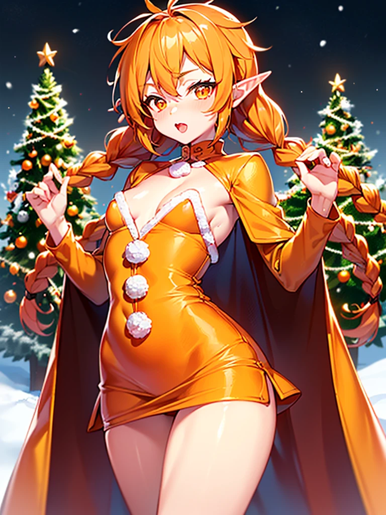 cute  elf,(((little ,tiny little body,little))),((())),((anime elf  with extremely cute and beautiful orange hair)), (((elf))), (((elf ears))),

(((flat chest))),((((black hair:1.35,messy orange hair,long hair,huge braids,colored inner hair,ear breathing)))),(((orange_eyes:1.3))),intricate eyes,beautiful detailed eyes,symmetrical eyes,big eyes:1.5,(((lustrous skin:1.5,bright skin: 1.5,skin tanned,shiny skin,very shiny skin,shiny body,plastic glitter skin,exaggerated shiny skin,illuminated skin))),(detailed body,(detailed face)),

cute,slutty,erotic,daring,(((nsfw))),

zettai ryouiki,revealing clothing,show skin,(((Sexy orange coat, orange coat outfit, wearing a orange coat:1.3,orange winter coat))), ((orange mini-skirt,orange mini skirt with furry edge,visible thong straps)),(white gloves,orange clothes,semi-naked,with little orange clothing,((((furry edge clothing)))),(((intricate outfit,intricate clothes,embroidered outfit,ornate outfit))),

(dynamic pose:1.0),embarrassed,(centered,scale to fit dimensions,Rule of thirds),

((snowy pine forest at night)),with dark stormy clouds,winter,scenery:1.25,((snow forest background)),Christmas tree,

highres,sharp focus,(ultra detailed,extremely detailed),(photorealistic artwork:1.37),(extremely detailed CG unity 8k wallpaper),(((vibrant colors,vibrant theme))),(intricate),(masterpiece),(best quality),