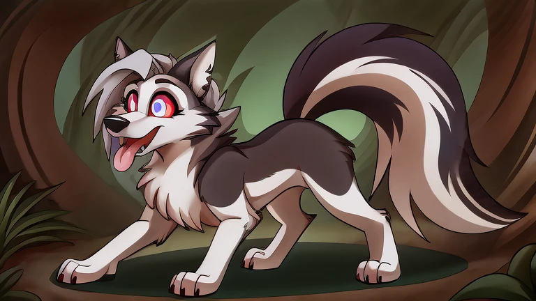 Loona hellhound, female wolf, white fur, hypnotized with completely glowing spiral multicolor eyes without iris or pupils, tongue out, walking on all fours paws, jungle background