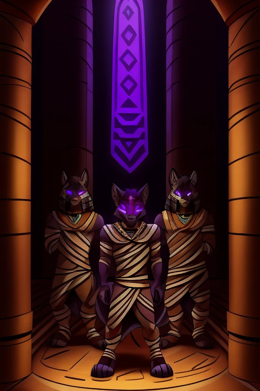 Vortex hellhound, group of anthro wolves, with mummy clothes, hypnotized with completely glowing purple eyes without irises or pupils, egyptian temple background