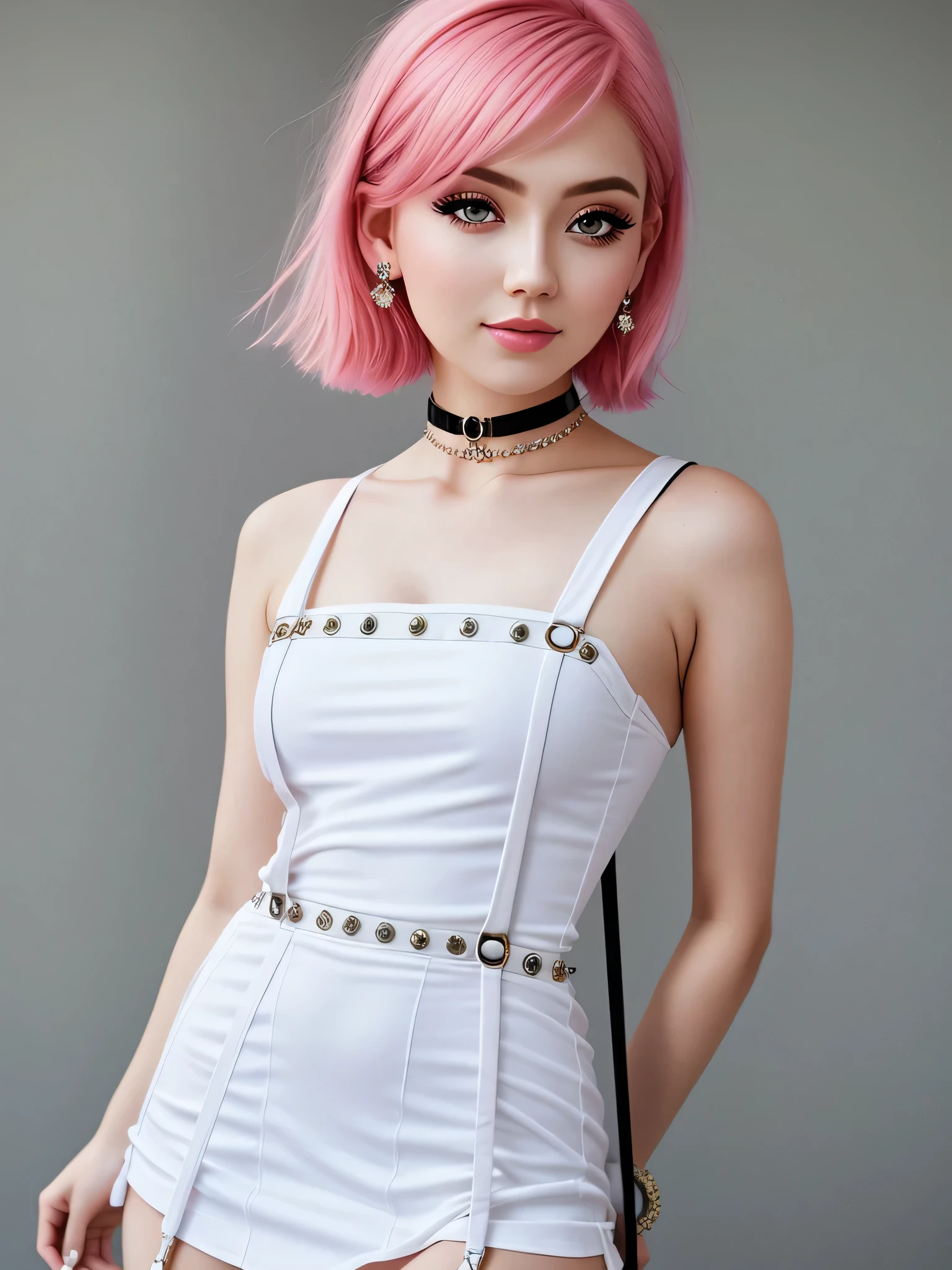 beauty woman,pink hair,big eye,Delicate facial features,White skin, beautiful long legs,short dress,suspenders,Stud earrings,Choker