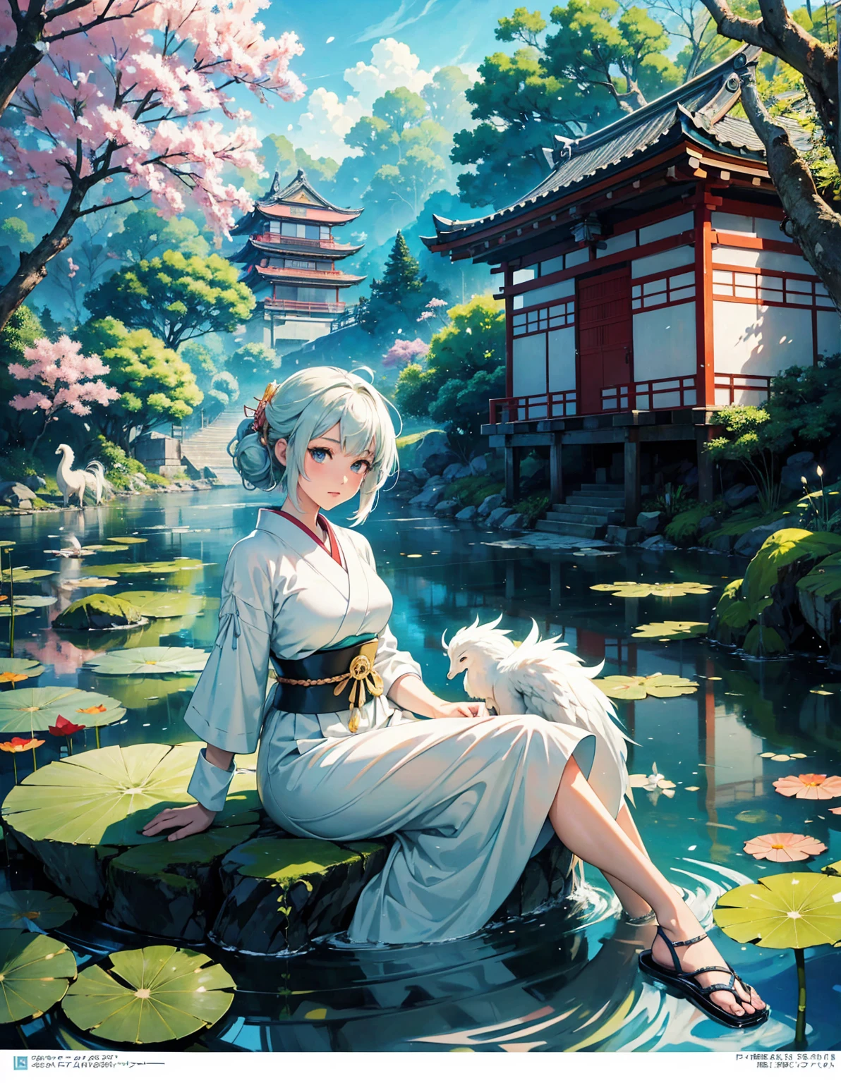 An anime girl in white is sitting on the back of a pegasus, and behind her are ancient buildings and green trees. The water surface is covered with lotus flowers. Traditional Japanese architecture is depicted in the background, surrounded by lush green trees, around which bright flowers bloom. This scene creates a fabulous atmosphere in which the anime style is combined with realistic details. The illustration was created using digital painting techniques to highlight vibrant colors and complex textures. in the style of traditional Japanese animation. --ar 3:4 -niji 6