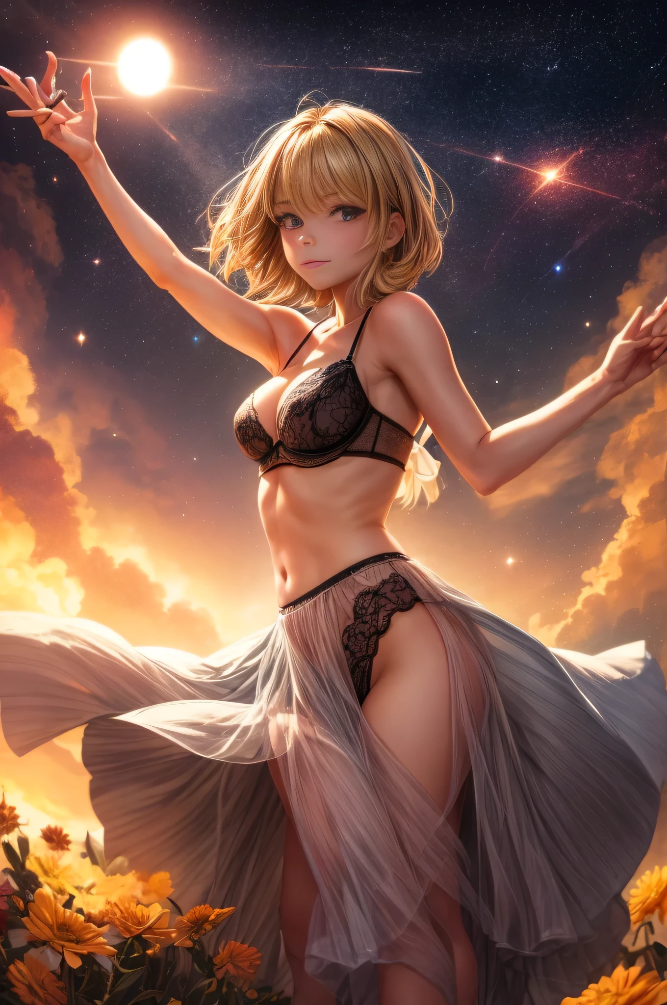 (best quality, masterpiece), 1girl, pose, particle, wind, flower, upper body,  background, looking at viewer, blonde, galaxy,backlit,rimlight, short hair, lingerie