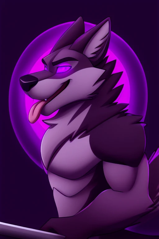 Vortex hellhound, hypnotized with glowing purple eyes without iris or pupils, walking in four paws, on a treadmill, tongue out, cock, cum, profile picture