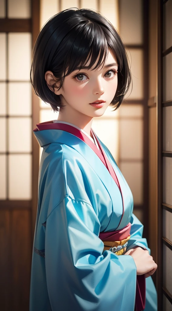 (Realistic)、(Realistic:1.2)、(High resolution)、Very detailed、Very beautiful face and eyes、1 girl、Delicate body、(highest quality、Attention to detail、Rich skin detail)、(highest quality、8k、Oil paint:1.2)、Very detailed、(Realistic、Realistic:1.37)、Bright colors、Full Body Shot,black_hair, Beautiful 8k eyes,Looking_in_Audience,One person in,Are standing,((Very beautiful woman, Fuller lips, Japanese pintern kimono))、((Colorful Japanese kimono)))、(((blackhair)))、(((Blunt bung,short hair)))、((( Inside an old Japanese house with a (short focus :1.4),)))、(masterpiece, highest quality, highest quality, Official Art, beautifully、aesthetic:1.2),(Fractal Art:1.3),Sengoku period、Greg Rutkowski Written by Alphonse Mucha Ropp,short ,uchikake,nishijin ori,(realistic light and shadow), (real and delicate background),(muted colors, dim colors, soothing tones:1.3), low saturation, (hyperdetailed:1.2), (noir:0.4),drow,blurry_light_background, (vibrant color:1.2), cinematic lighting, ambient lighting,Single Shot,Shallow Focus,pink lip,blurry light background,