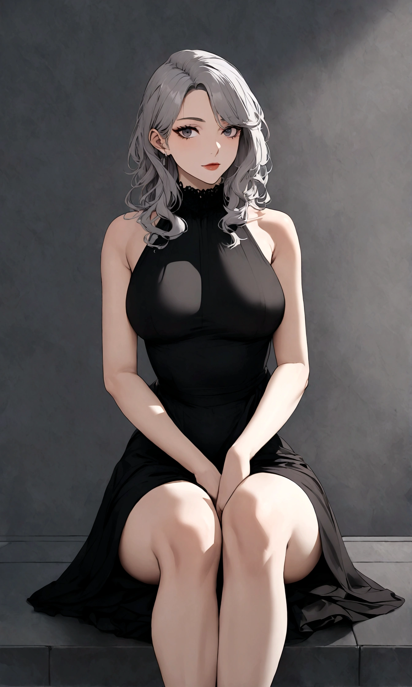 sleeveless dress,adult woman,cool hair,attractive body,sitting, background: random