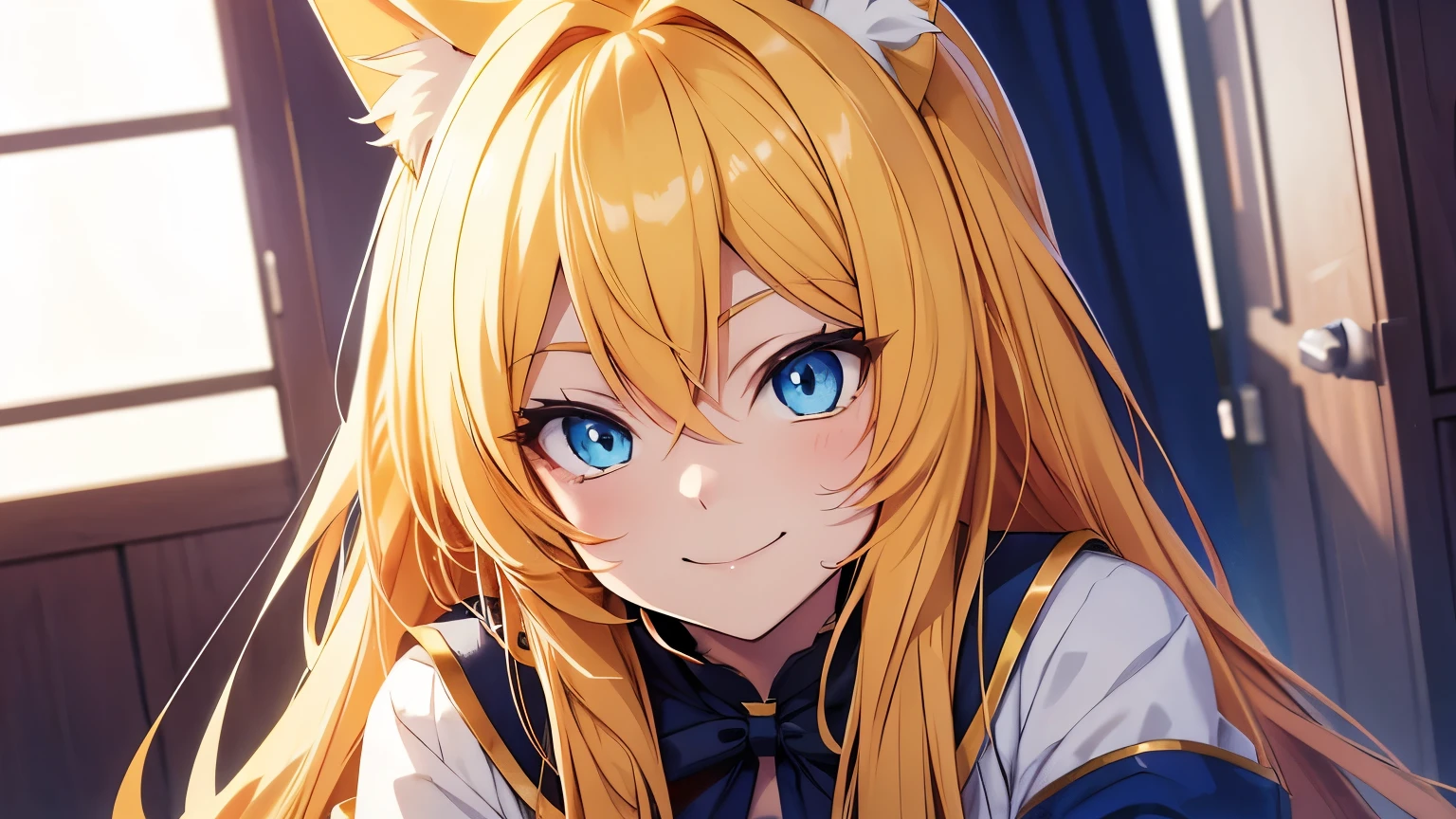 Anime cat girl with long yellow hair and blue eyes is smiling comfortably.