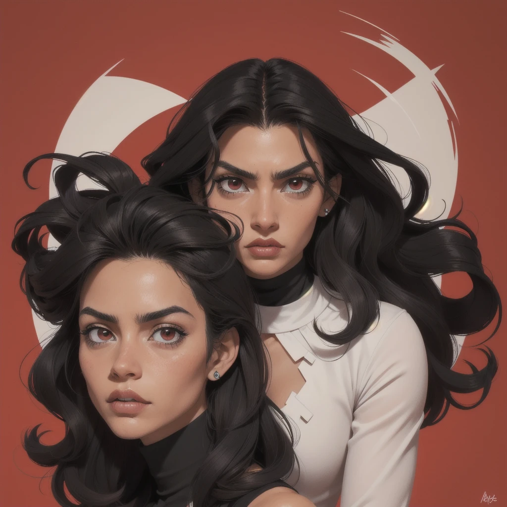 obra maestra, mejor calidad:1.4), Solo de retrato, mujer, mujer, young mujer, (((pelo largo))), ((ojos oscuros)), pelo negro, very long pelo negro ((abrigo de cuero negro)), ((traje negro))), An evil and serious expression concentrated on his face, Cejas finas, (humo rojo por todas partes) ojos amarillos muy expresivos piel blanca, labios color rojo