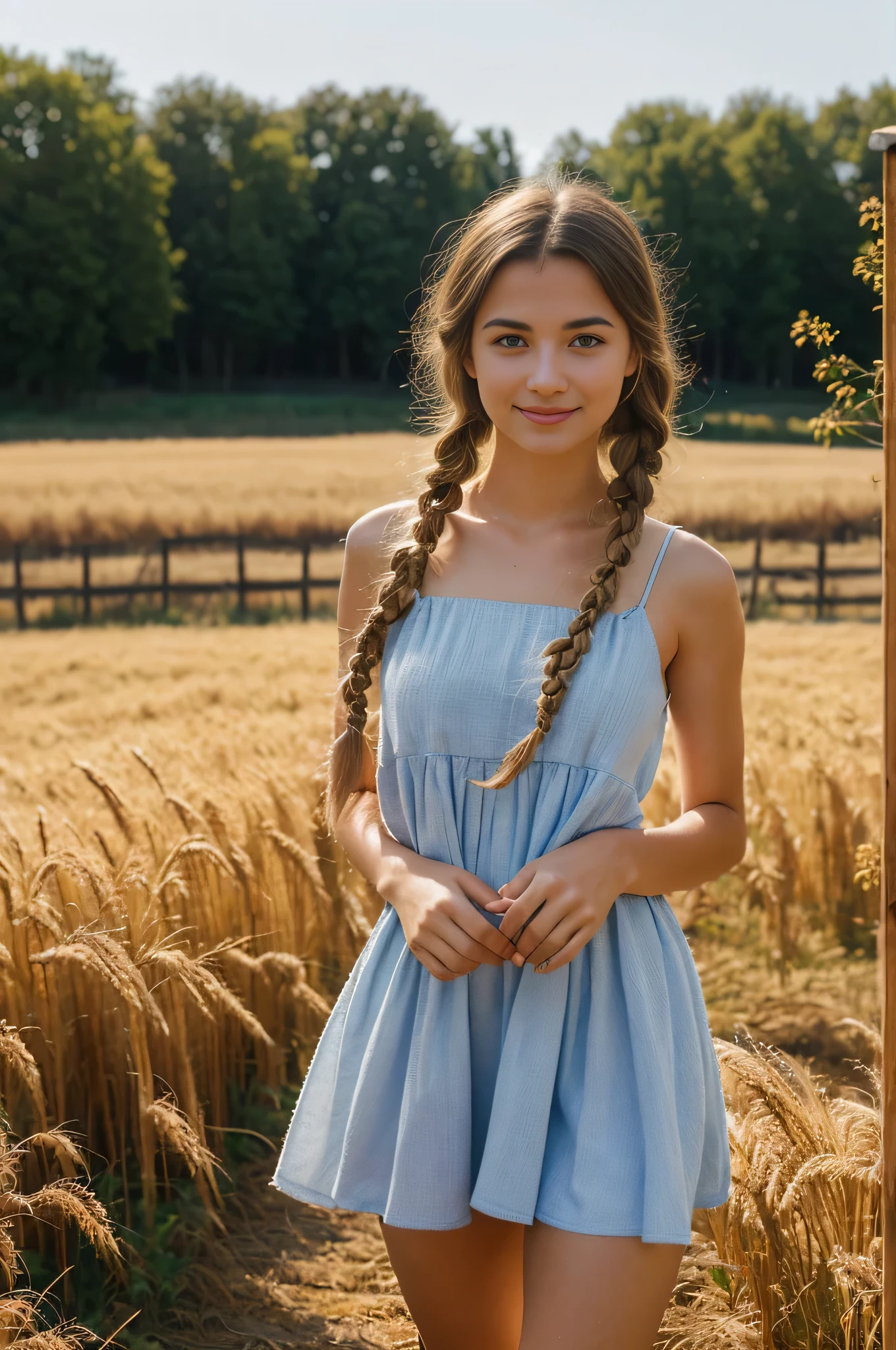 1girl, 20 years old, tall and attractive, wearing a cute country dress, hair braided, standing in a rustic farm setting. She has a soft, gentle smile and expressive eyes. In the background are charming barns, golden wheat fields and clear blue skies. The composition should be bathed in warm golden hour light, with soft depth of field and soft bokeh to accentuate the idyllic tranquility. Capture images as if they were shot on vintage 35mm film for added oomph, filmg,