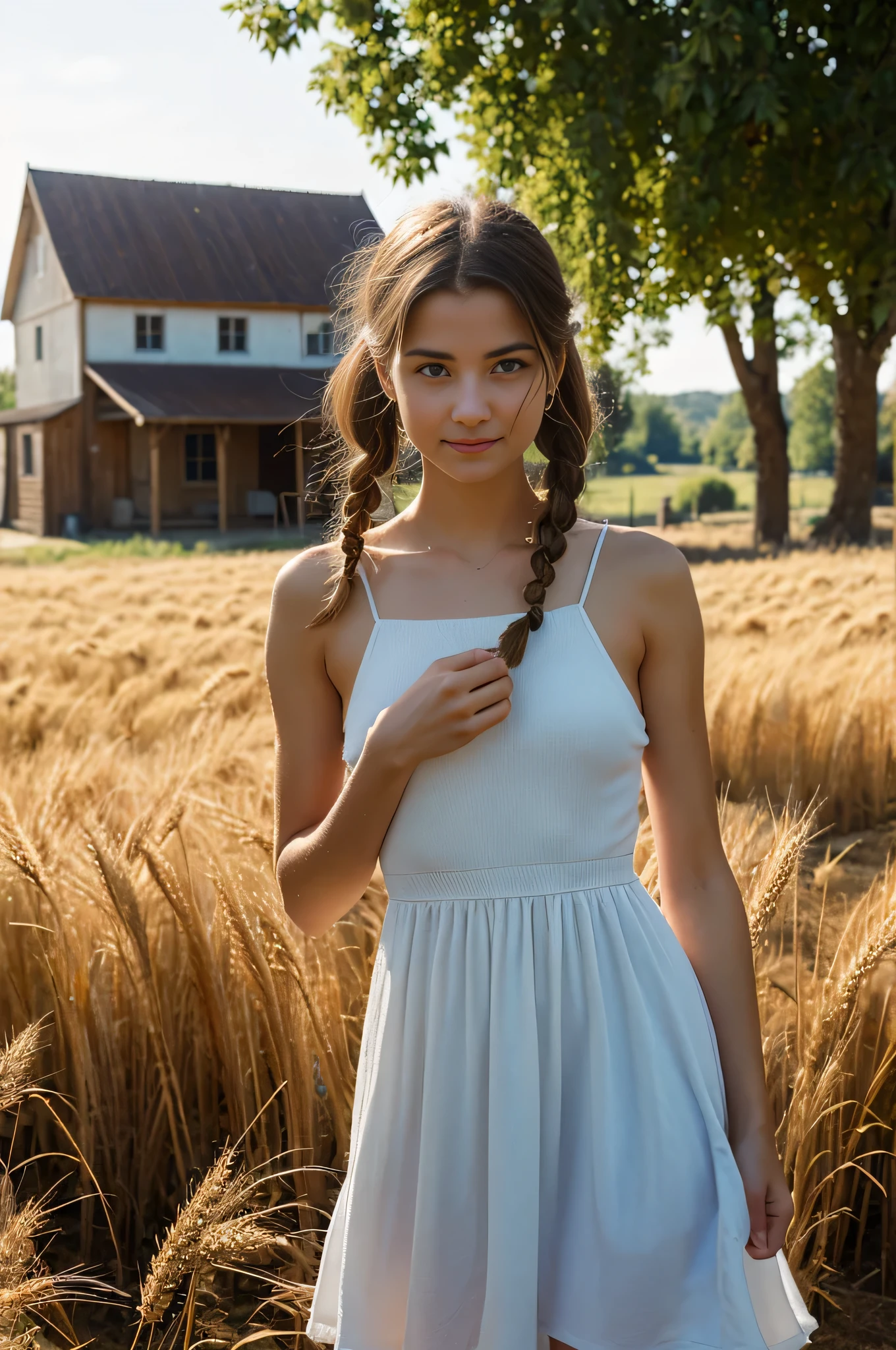 1girl, 20 years old, tall and attractive, wearing a cute country dress, hair braided, standing in a rustic farm setting. She has a soft, gentle smile and expressive eyes. In the background are charming barns, golden wheat fields and clear blue skies. The composition should be bathed in warm golden hour light, with soft depth of field and soft bokeh to accentuate the idyllic tranquility. Capture images as if they were shot on vintage 35mm film for added oomph, filmg,