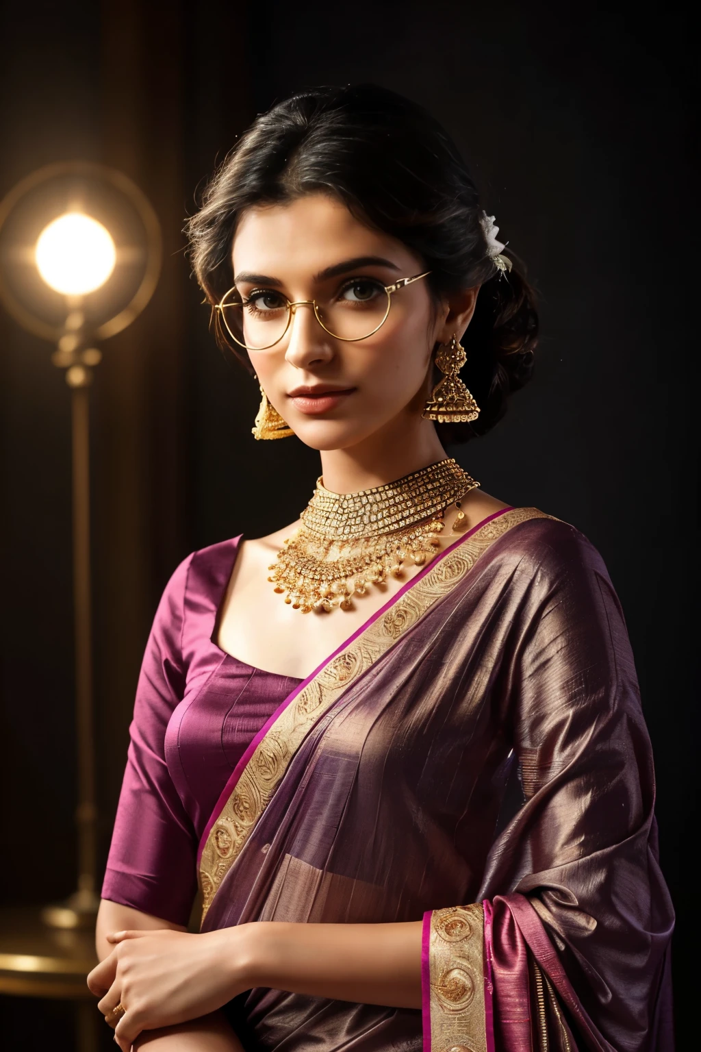 In this photograph, an Indian Instagram female model in her mid-20s takes center stage. (highly detailed face:1.4) (smile:0.7) (background 5-star hotel, moody, private study:1.0V, by Lee Jeffries, Nikon D850, film stock photograph, 4 Kodak Portra 400, camera f1.6 lens, rich colors, hyper-realistic, lifelike texture, dramatic lighting, Cinestill 800, realistic). She is wearing a traditional pinkish blue saree that exudes elegance and sophistication. The saree features a vibrant and intricate design with rich colors and detailed patterns, draped gracefully around her. The blouse is short-sleeved with intricate embroidery and beadwork, complementing the saree’s luxurious fabric. Completing her look, she adorns herself with traditional jewelry, including bangles, earrings, and a necklace. The model's hair is styled in a classic bun with jasmine flowers, and she wears aviator glasses with small smile, adding a modern twist to her traditional attire. 

The photograph is meticulously captured in 8K resolution using cutting-edge techniques such as Cinema 4D and Octane Render, resulting in a highly detailed and photorealistic image. Studio lighting, HDR, and a smoky mist create a captivating ambiance, while the bokeh effect adds an artistic touch.