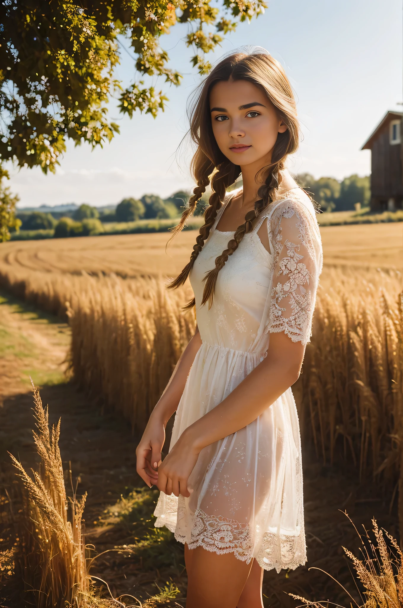 1girl, 20 years old, tall and attractive, wearing see-through lace summer dress, hair braided, standing in a rustic farm setting. She has a soft, gentle smile and expressive eyes. In the background are charming barns, golden wheat fields and clear blue skies. The composition should be bathed in warm golden hour light, with soft depth of field and soft bokeh to accentuate the idyllic tranquility. Capture images as if they were shot on vintage 35mm film for added oomph, film,