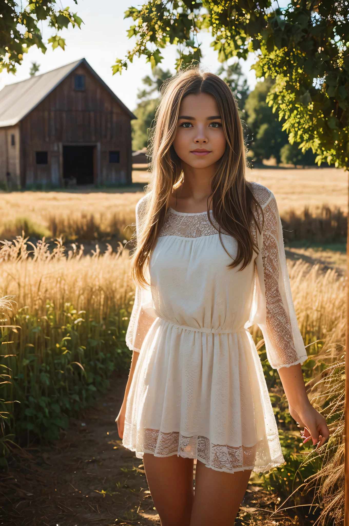 1girl, ************, attractive, wearing see-through lace dress, panties beneath, chubby, round face, golden hair, standing in a rustic farm setting. 
She has a soft, gentle smile and expressive eyes. 
In the background are charming barns, golden wheat fields and clear blue skies. 
The composition should be bathed in warm golden hour light, with soft depth of field and soft bokeh to accentuate the idyllic tranquility. 
Capture images as if they were shot on vintage 35mm film for added oomph, film,