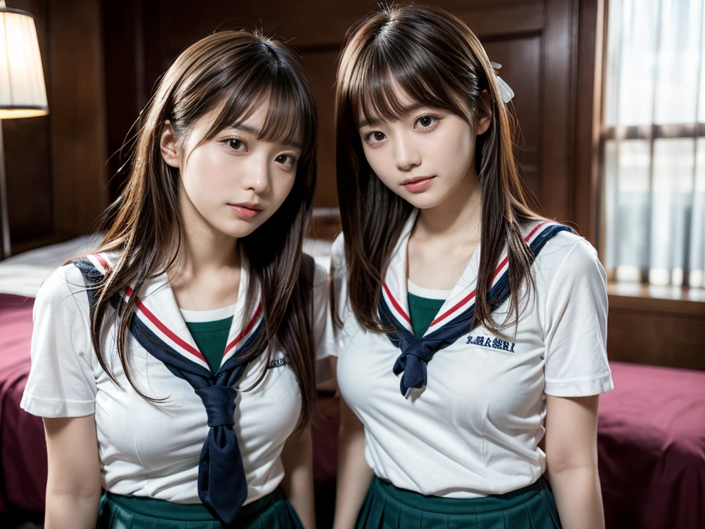(RAW photo, 4k, masterpiece, high resolution, extremely complex) (realistic: 1.4), cinematic lighting
 ((2 girls, 2 schoolgirls)),Slam Dunk's,blushing,((innocent)),bright eyes,round eyes,blunt bangs,(straight hair:1.3),black hair,large breasts,wide hips,Summer Noon, ,Hot, (Best Quality), (Highres), (an Extremely Delicate and Beautiful),(Beautiful 8k face),(Brown eyes),short bob hair,( spectators),(gigantic breasts),(Play with each other,Touching each other's bodies,Touching the body),(Japanese high school uniform:1.3),blue skirt,(reality),bright lighting,(The background is a luxury hotel room)