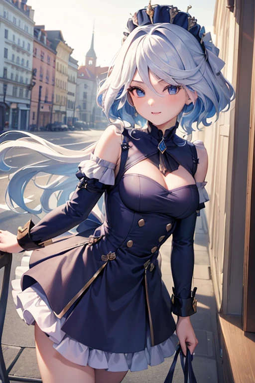 (highest quality,4K,High resolution,masterpiece:1.2),Very detailed,Beautiful details, age body,Expressions of joy,Furina character, 16-year-old teen,
 Happy expression,Walking around the city, Shiny Hair,brake,maid costume,	handstand