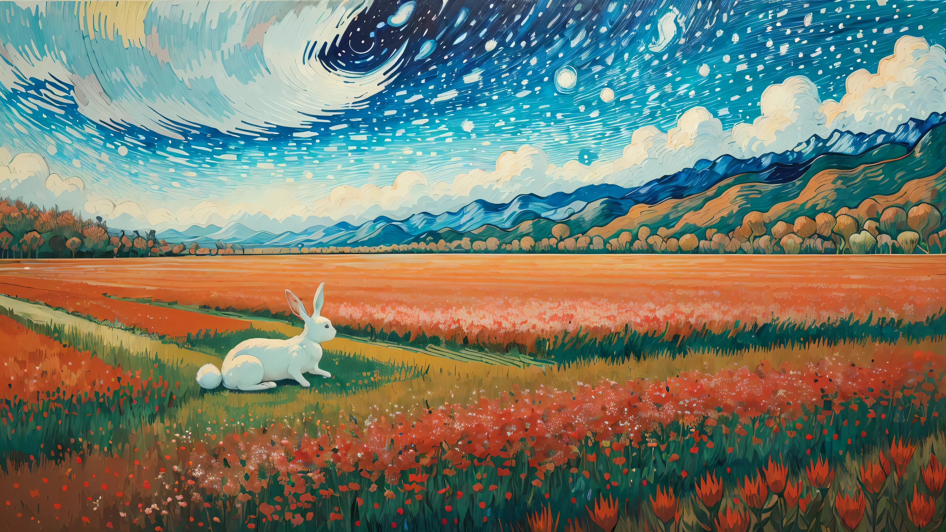 ((best quality)), ((masterpiece)), (detailed), intricate art, a rabbit, open field, red flowers, detailed painting style, Abstract, Vincent van Gogh