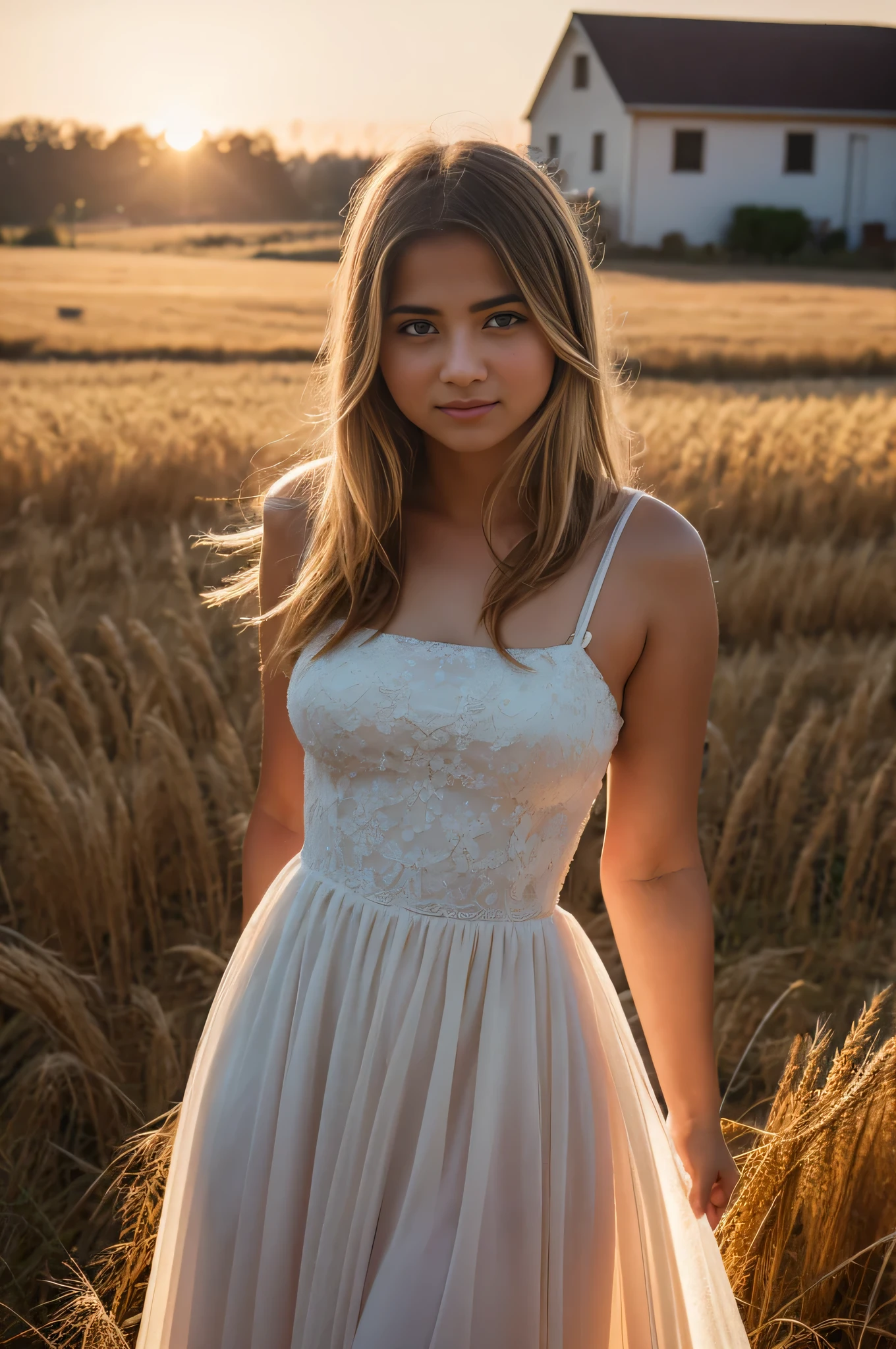 1girl, 15 years old, attractive, chubby, round face, golden hair, standing in a rustic farm setting. 
wearing modern simple wedding dress.
She has a soft, gentle smile and expressive eyes. 
In the background are charming barns, golden wheat fields and clear blue skies. The sun is setting behind, intense bokeh.
The composition should be bathed in warm golden hour light, with soft depth of field and soft bokeh to accentuate the idyllic tranquility. 
Capture images as if they were shot on vintage 35mm film for added oomph, VFX, film photography, extreme detail, Ultra HD, post-processing, post-production, 
single face, Tanvir Tamim, 