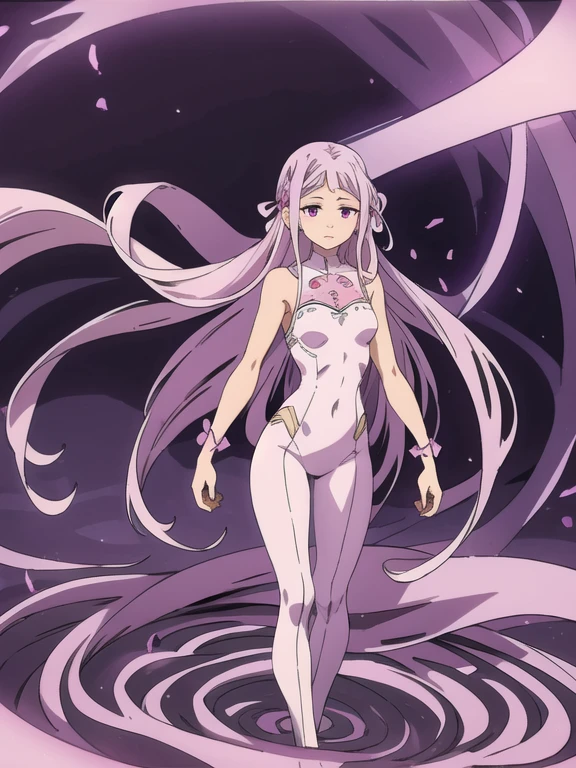 Long lavender hair flowing, eyes with a peaceful expression, light skin, white outfit, pink ribbon on the chest, surrounded by a purple abstract swirl, purple dark eyes, standing, ocean