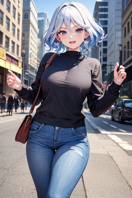 (highest quality,4K,High resolution,masterpiece:1.2),Very detailed,Beautiful details, Teenage body,Expressions of joy,Furina character, -yeld teger,
 Happy expression,Walking around the city, Shiny Hair,brake,	jeans,	jumping