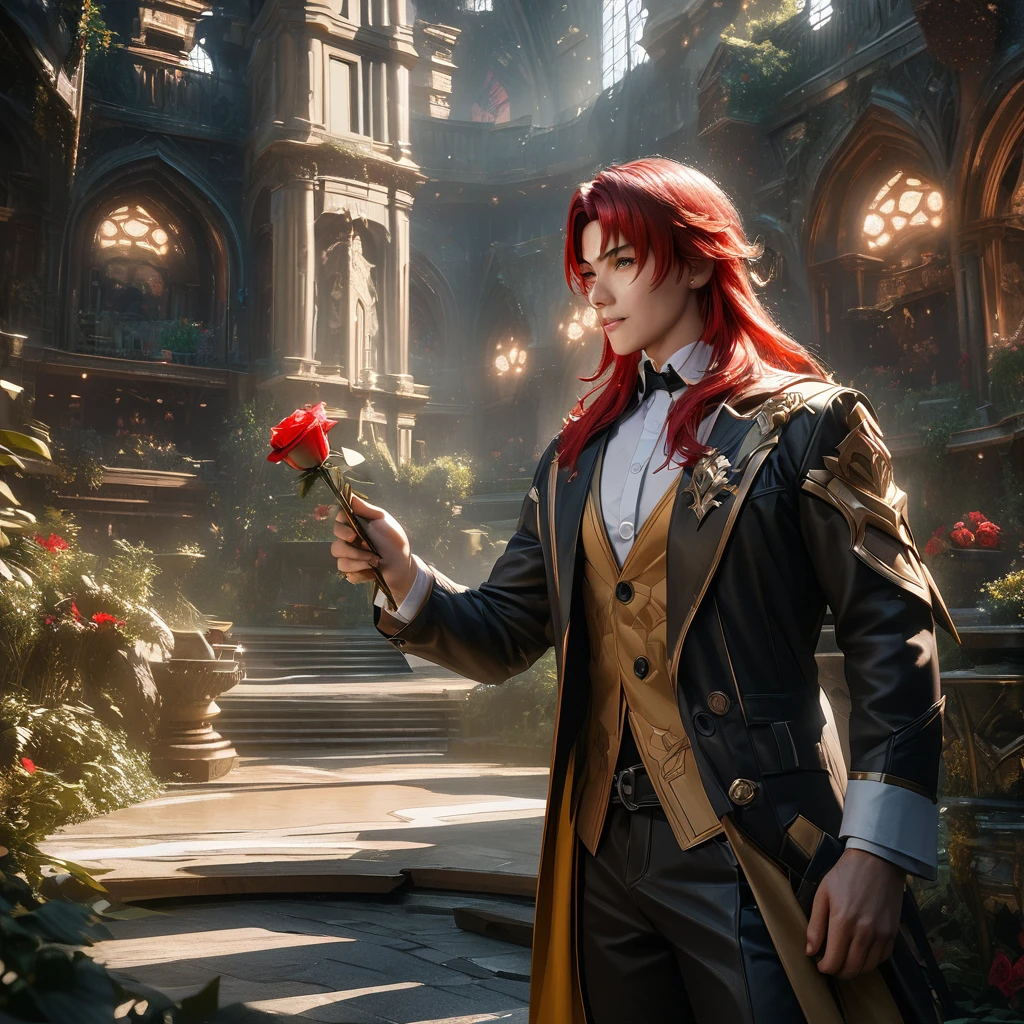 Argenti of Honkai star Rail, beautiful boy with long red hair wearing a Hufflepuff uniform, holding a red rose, standing in a garden with Honkai Star Rail architecture in the background, cinematic lighting, highly detailed, photorealistic, 8k, (best quality, 4k, 8k, highres, masterpiece:1.2), ultra-detailed, (realistic, photorealistic, photo-realistic:1.37), HDR, UHD, studio lighting, ultra-fine painting, sharp focus, physically-based rendering, extreme detail description, professional, vivid colors, bokeh