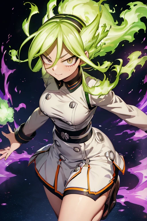 (\burnin moe kamiji)/,(\Character from the Boku no hero academia series)/,(\wearing)/,+,(\a white sleeveless dress, which is fitted at the waist and flares out slightly towards the skirt. The dress has a high collar and a purple bow tied at the front.)/