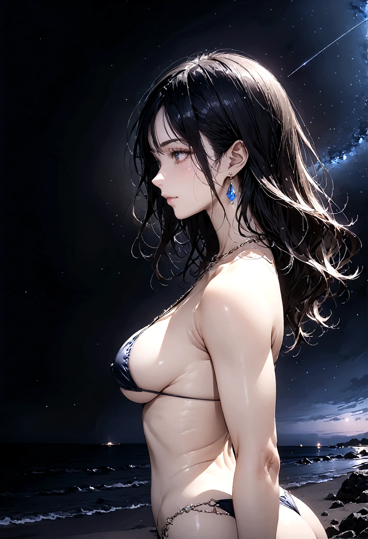 8k, masterpiece, RAW Photos, highest quality, Realistic, Very detailed, Depth of written boundary, Cinematic Light, Anatomically correct body,
One beautiful 40 year old woman, Very beautiful face, Exquisitely detailed face, (A calm and gentle face:1.4), Very delicate skin texture, Transparent muscle, Shiny white skin, Glamorous Body,
(Wavy black long hair:1.2), Sexy Breasts, Sexy ass,
(White micro bikini:1.2), (Detailed cloth texture:1.2), (Gorgeous jewel-studded body chain accessories:1.3), (Gorgeous necklace:1.1), (Gorgeous earrings:1.1),
(Dark starry background:1.4), (Milky Way:1.1), (milky way:1.1), (shooting star:1.1), (Dark coastline at night:1.4), (Pitch black sea surface:1.4),
(Standing on the beach:1.2),