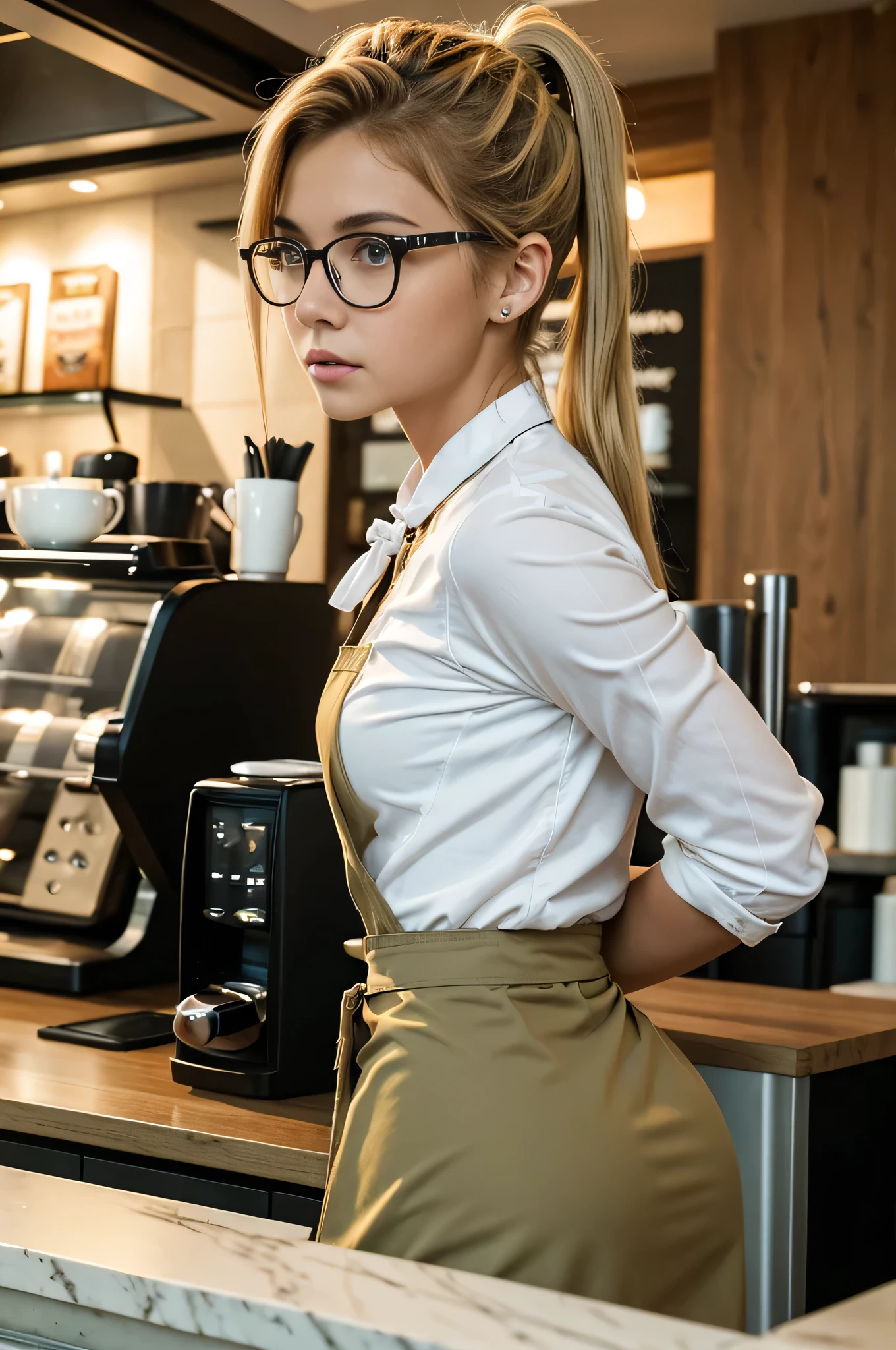 A 18-year-old white woman with unparalleled beauty. coffee shop barrister, blue eyess、short blonde hair、pigtails,large black rimmed glasses,
Background of coffee shop, she is behind the counter, serving you.
Slender yet well-proportioned body、mediumbreasts,
Wearing a beige and green uniform.
Looking from behind the counter
Photorealistic images、8K picture quality、full length Apron,
