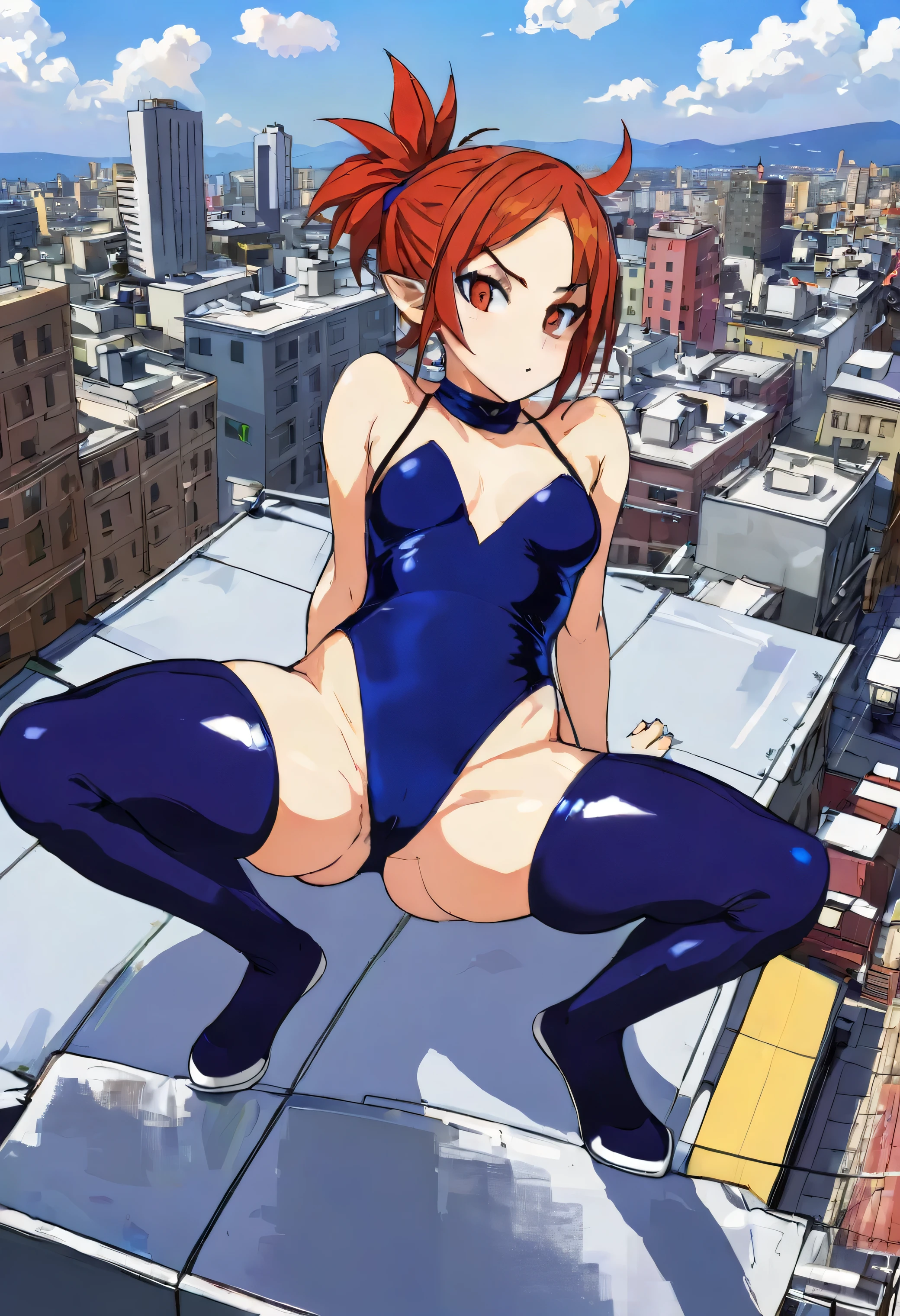 Etna, female, young, leotard, crouch, spread legs, on the roof, big city on the background