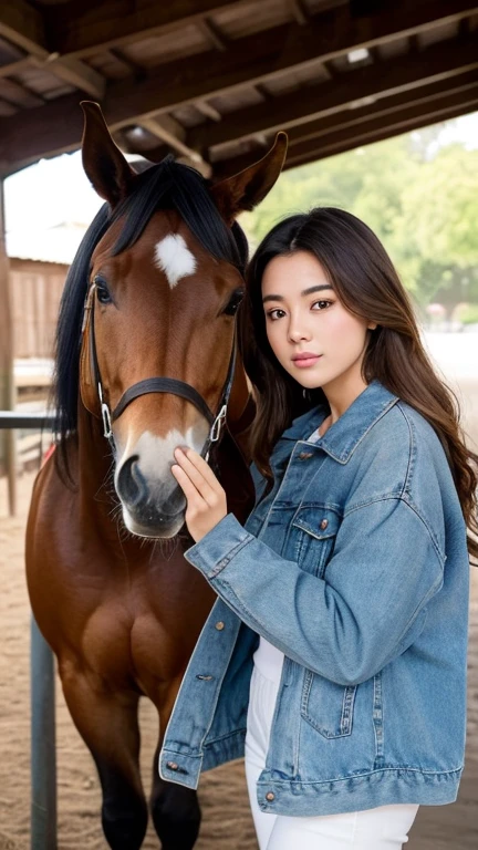 In the image, there is a woman standing next to a horse. The woman appears to be in her late teens or early twenties, with long brown hair. She is wearing a denim jacket and has a gentle expression on her face. The horse is a large brown animal with a white blaze on its forehead, which is a distinctive marking. The horse's ears are perked forward, indicating alertness or attentiveness. They are both standing in a wooden structure that could be a stable or a covered area, with wooden beams visible in the background. The lighting suggests it might be an overcast day or the photo is taken in a shaded area. The overall atmosphere of the image is calm and serene.