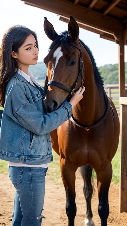 In the image, there is a woman standing next to a horse. The woman appears to be in her late teens or early twenties, with long brown hair. She is wearing a denim jacket and has a gentle expression on her face. The horse is a large brown animal with a white blaze on its forehead, which is a distinctive marking. The horse's ears are perked forward, indicating alertness or attentiveness. They are both standing in a wooden structure that could be a stable or a covered area, with wooden beams visible in the background. The lighting suggests it might be an overcast day or the photo is taken in a shaded area. The overall atmosphere of the image is calm and serene.