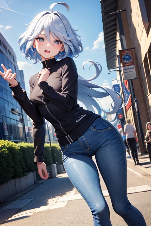 (highest quality,4K,High resolution,masterpiece:1.2),Very detailed,Beautiful details, age body,Expressions of joy,Furina character, 16-year-old teen,
 Happy expression,Walking around the city, Shiny Hair,brake,	jeans,	jumping
