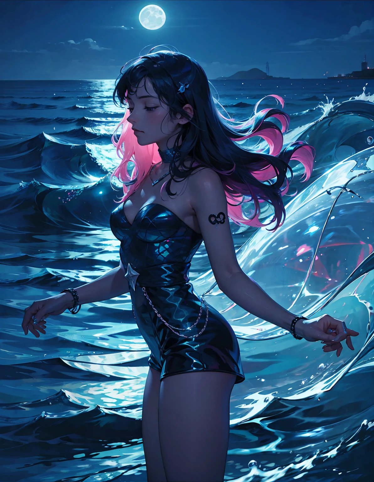 A moonless night, sea waves decorated with neon lights, beat noisily on the shore