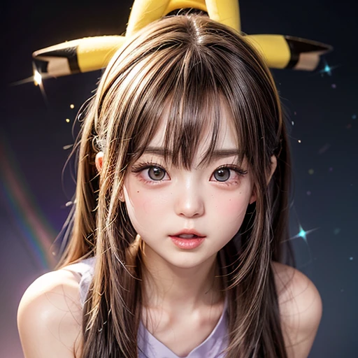 NSFW, 8k,High -level, absurd, masterpiece, best quality, primitive, very detailed CG, very detailed wallpaper, perfect lighting, (((The personification of "Pikachu"))), MysticSight, Tyndall effect, Tyndall scattering, (Studio gray background with (many Dazzling blurred RainbowColors BokeH)), (RoundlyButts, ThighGap), (Exposed:0.3), (Assfocus with looking ahead), BREAK (((NOGIZAKA face variations))) Extremely Detailed very KAWAII face variations, perfect anatomy, Childish, captivating gaze, elaborate detailed Eyes with (sparkling highlights:1.28), long eyelashes、Glossy RED Lips with beautiful details, Coquettish tongue, Rosy cheeks, Radiant PearlSkin with clear transparency . { (Dynamic LifeLike expressions:1.4) | :d) }, (large eyes:-1) .