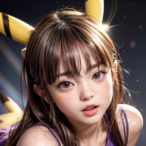 NSFW, 8k，High -level, absurd, masterpiece, best quality, primitive, very detailed CG, very detailed wallpaper, perfect lighting, (((The personification of "Pikachu"))), MysticSight, Tyndall effect, Tyndall scattering, (Studio gray background with (many Dazzling blurred RainbowColors BokeH)), (RoundlyButts, ThighGap), (Exposed:0.3), (Assfocus with looking ahead), BREAK (((NOGIZAKA face variations)))  Extremely Detailed very KAWAII face variations, perfect anatomy, Childish, captivating gaze, elaborate detailed Eyes with (sparkling highlights:1.28), long eyelashes、Glossy RED Lips with beautiful details, Coquettish tongue, Rosy cheeks, Radiant PearlSkin with clear transparency . { (Dynamic LifeLike expressions:1.4) | :d) }, (large eyes:-1) .