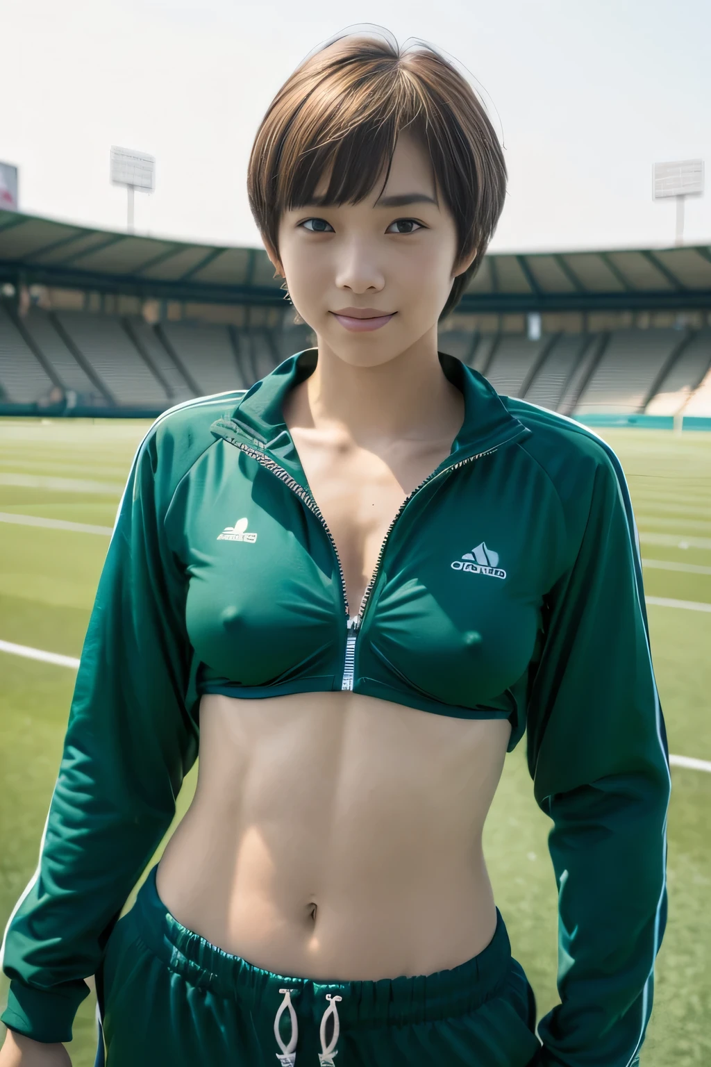 Upper Body, ((show off nipple)), at the track and field stadium, japanese lady, pale skin, droopy eyes, 20 year old, bowl cut hair, ((green Tracksuit)), ((standing)), high quality:1.3, shoot from below 2.0, Professional lighting:2.0 realistic:1.2, 4k resolution, detailed skin, masterpiece:1.1,smile,(tanned skin:1.3),(sunburn tanlines:1.3),(athlete:1.2),(flat chests:1.2),(no bra),(braless),(Sportsbra)