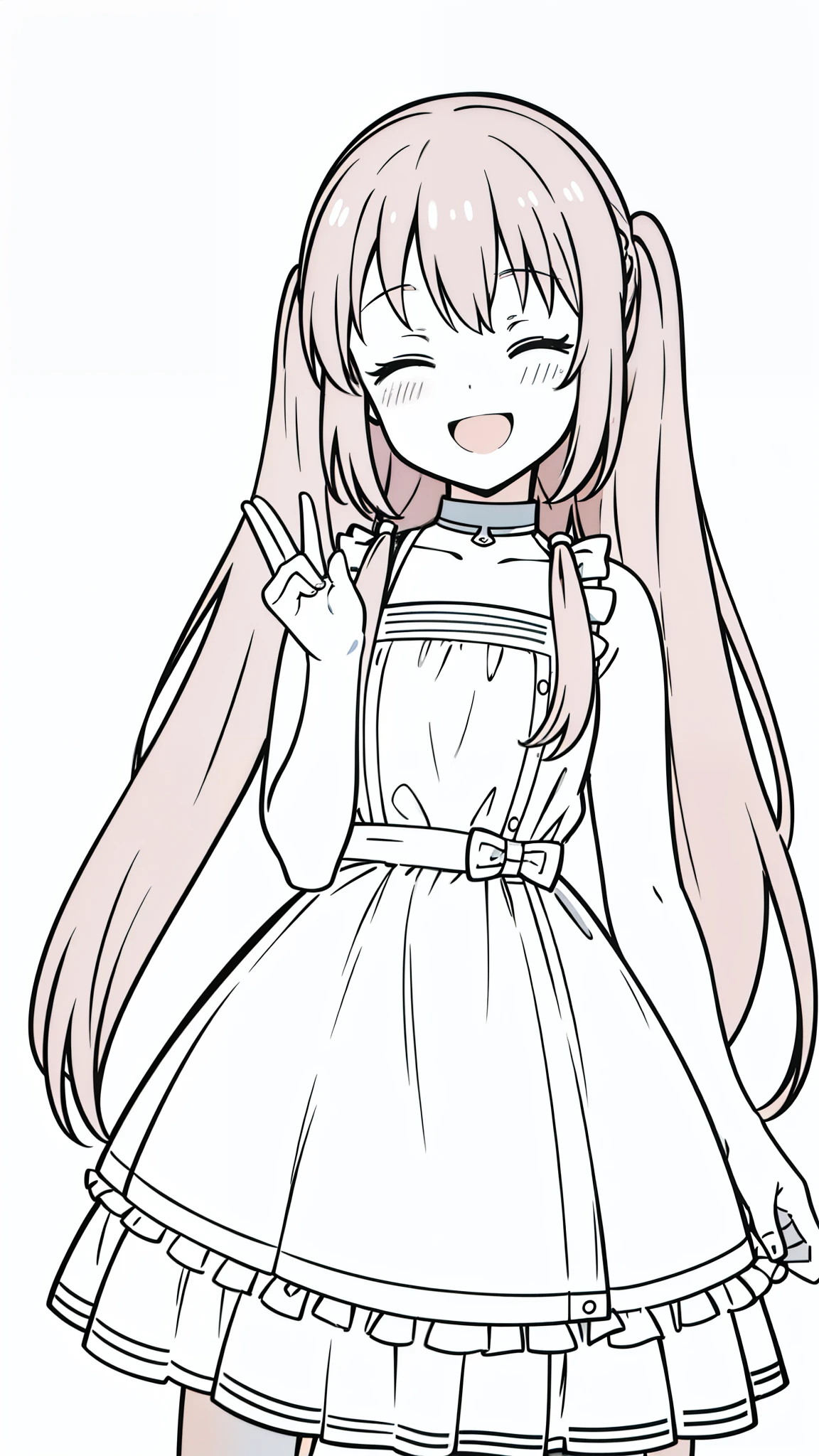 (1girl,),caramel hair,long hair,twintail,simple dress,blush,open mouth,closed eyes(white background,line drawing),from front,smile,happy,open mouth,put your hands in front