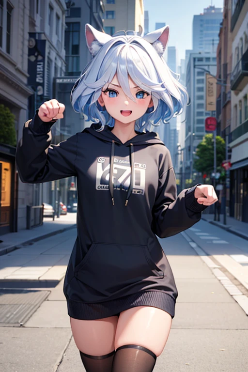 (highest quality,4K,High resolution,masterpiece:1.2),Very detailed,Beautiful details, Teenage body,Expressions of joy,Furina character, 16-year-old teenager,
 Happy expression,Walking around the city, Shiny Hair,brake,	hoodie,paw pose