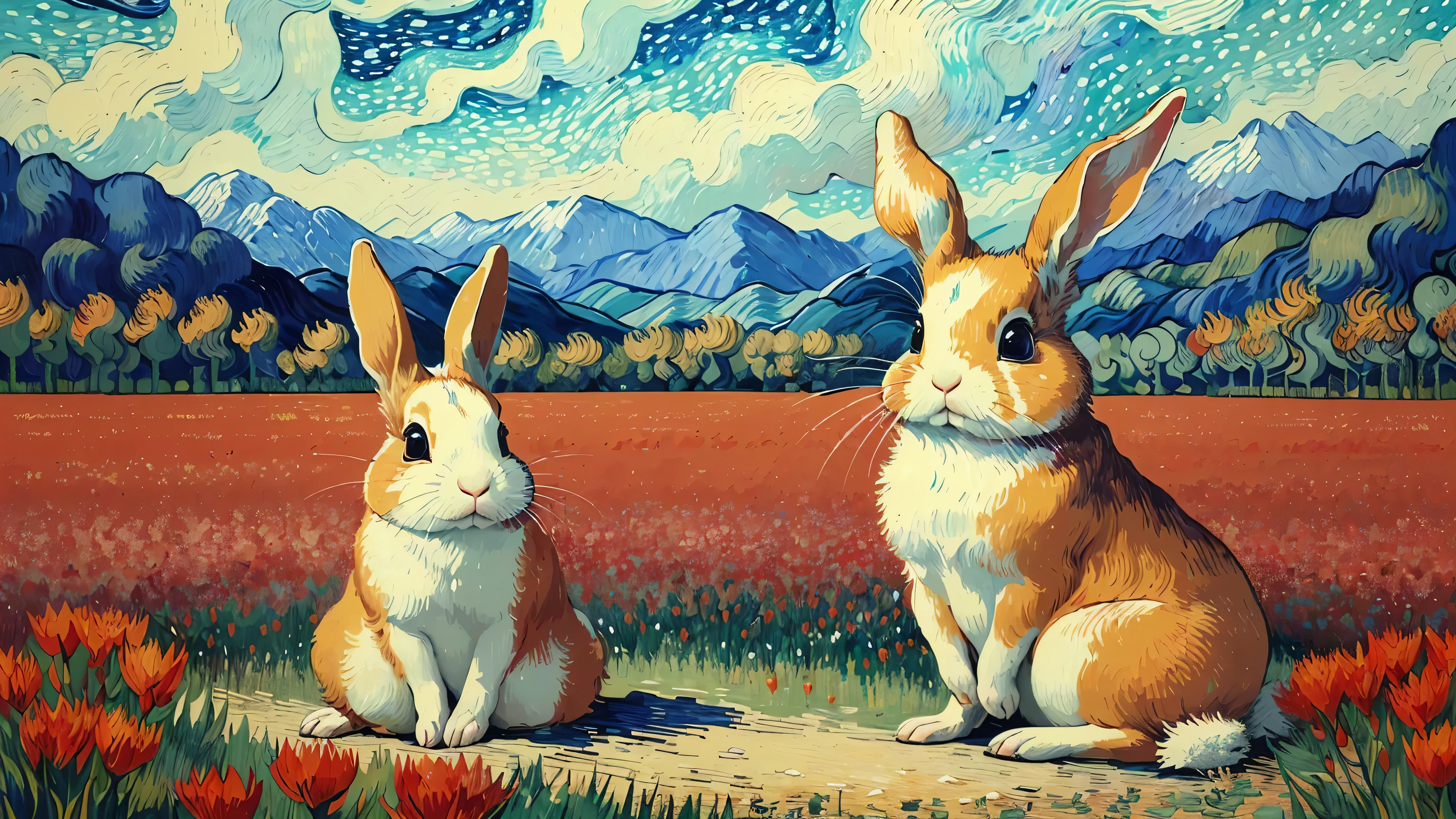 ((best quality)), ((masterpiece)), (detailed), intricate art, a little rabbit, 1rabbit, open field, red flowers, detailed painting style, Abstract, Vincent van Gogh