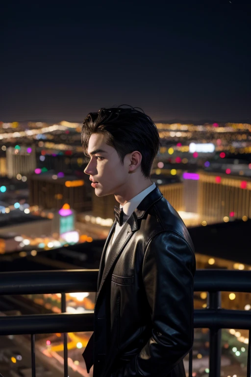 make a young man in profile and have the city of las vegas at night in the background and make the photo animated