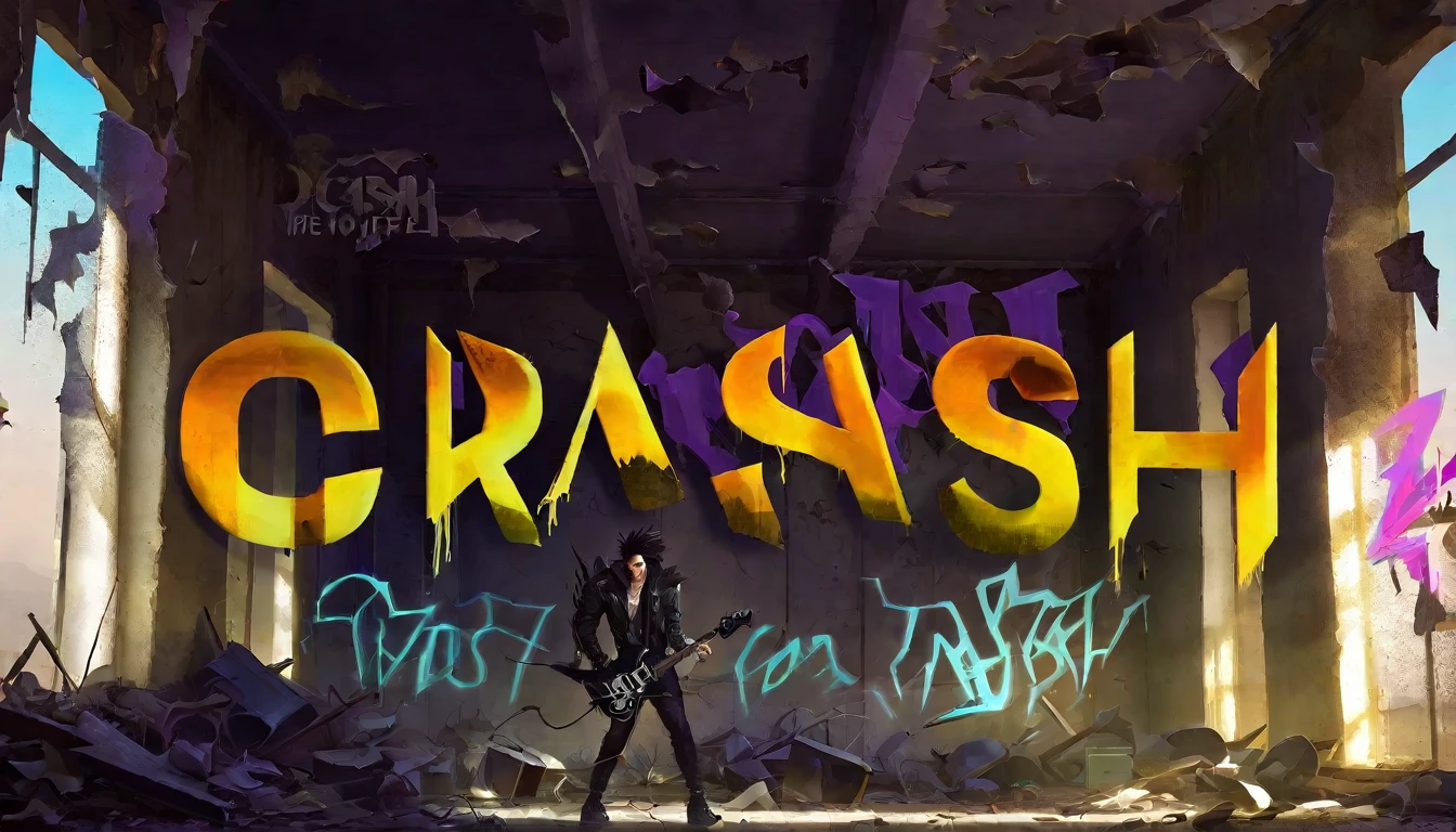 "A cool guy with edgy, stylish hair and a leather jacket, standing in the middle of a dark, abandoned building, playing an electric guitar. The atmosphere is moody and mysterious, with shadows and dim lighting casting an eerie glow. Behind him on a crumbling wall, there is graffiti-style text that reads 'CRASH' in bold, striking letters. The empty building has broken windows and scattered debris, adding to the desolate and raw aesthetic. The scene captures the intensity and passion of his performance in a unique, gritty setting."