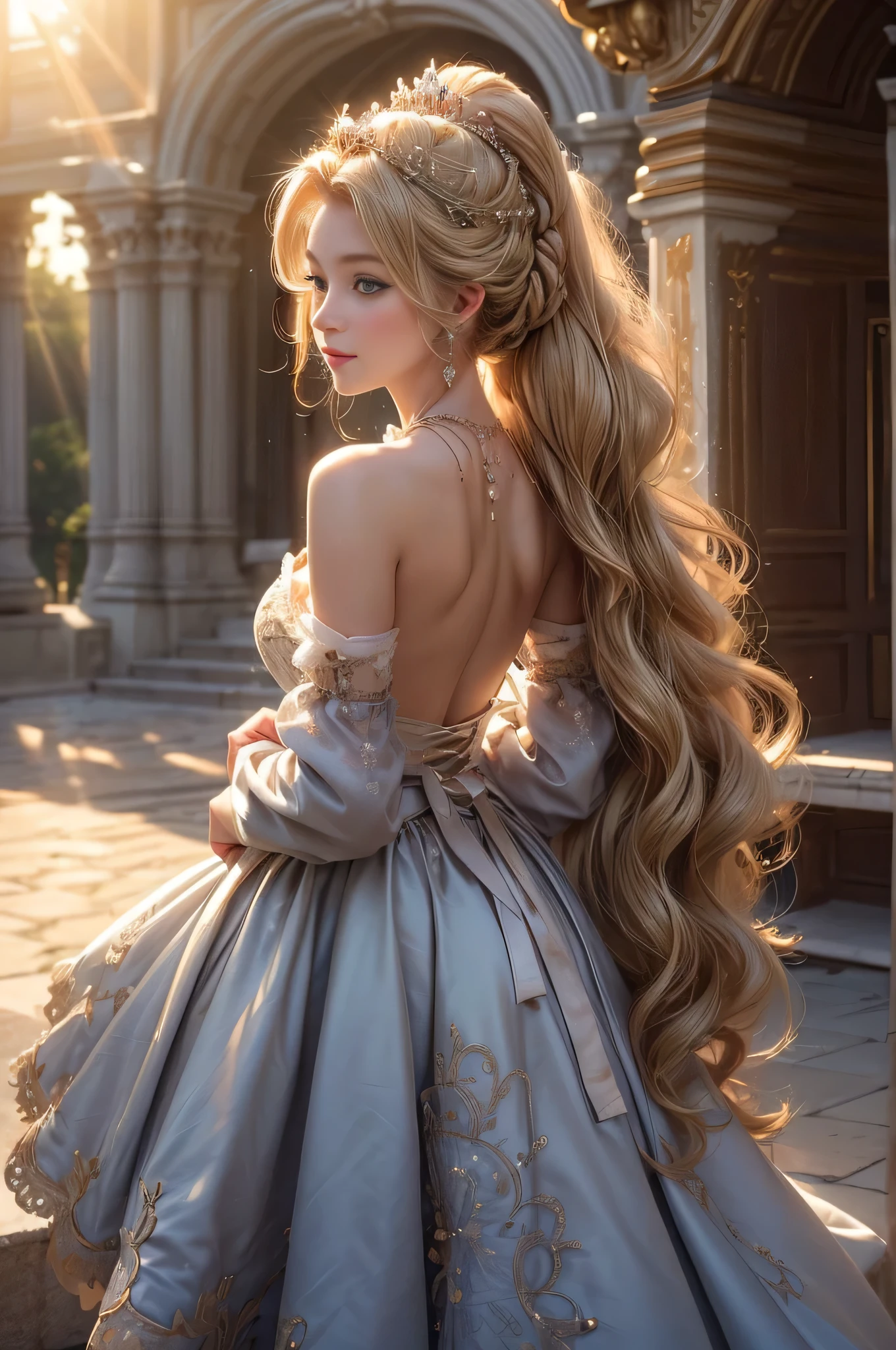 (((medium shot:1.5)))photo of a 30 years old (DV_Lilith_Vicious), (((from behind back turned Looking at viewer over shoulder, small waist, medium hips, perfect ass,focus on lower body:1.2 ))) modelshoot style, (extremely detailed), (CG unity 8k wallpaper), Intricate, High Detail, Sharp focus, dramatic, ((photorealistic)), ((detailed pupils:1.2),warm smile, suntan, bronze skin, (full body shot, 8k, RAW photo, best quality, depth of field, ultra high res:1.2), (absurdres, intricate, photorealistic, masterpiece, ultra-detailed:1.3, cinematic lighting), shot at eye level, photography on a Fujifilm X-T4 with a 50mm lens, indoors, modelstyle photography setting,wide depth of field, ((best quality)), absurdres, ((ultra high res)), ( very long (blond ):1.5) hair,
<lora:blouse_20230726112005:0.4> (see-through:1.3)(Navajo White)
blouse,, mini shirt,navel,(knotted shirt:1.5), cleavage, sleeveless, no bra,
(shiny purple) (gold floral print) long skirt <lora:Ma-Mian_skirt:0.4>