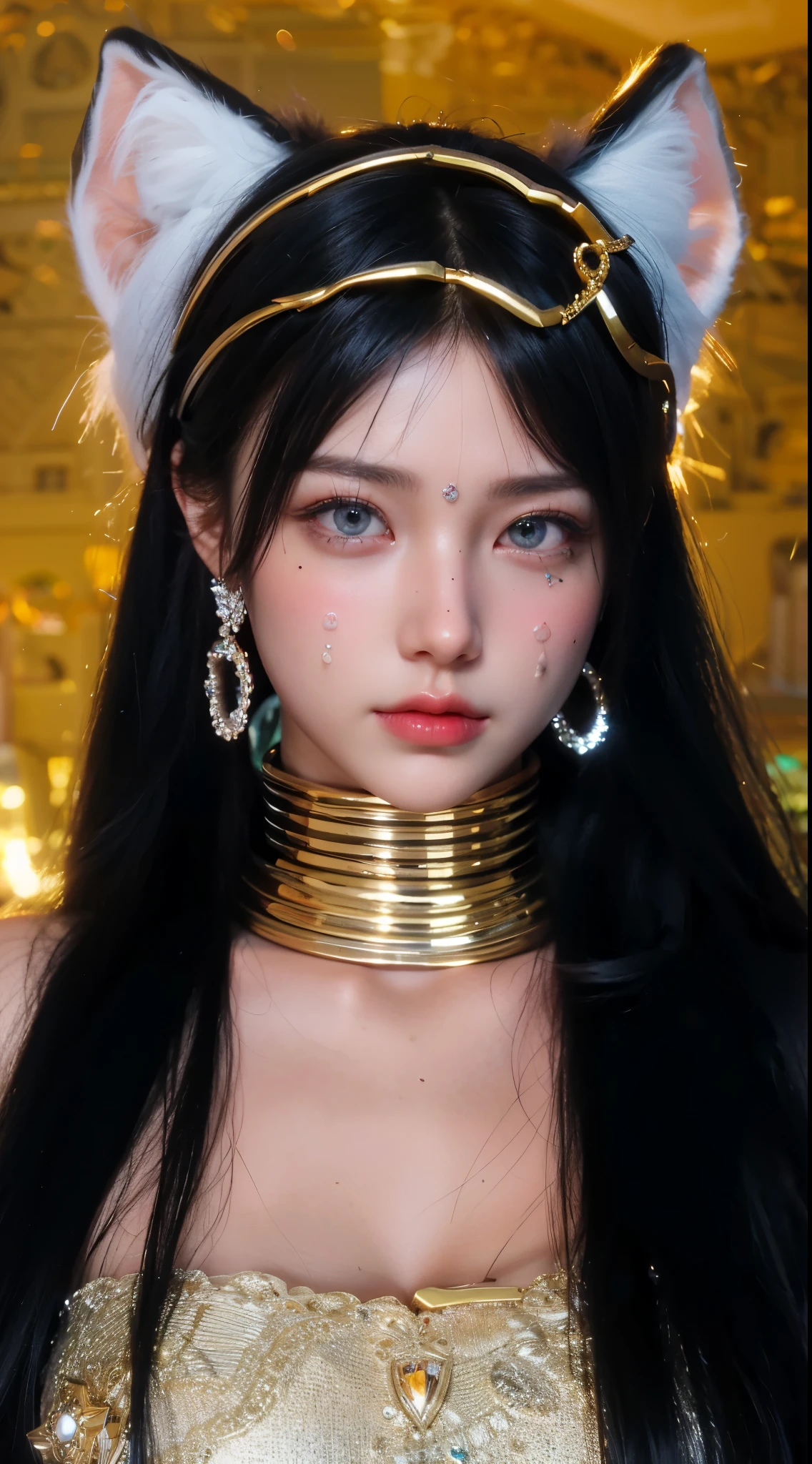 Game Art,Best image quality,Maximum resolution,8k,(A half-length photo),(portrait),(Head close-up),(Rule of Thirds),Unreal Engine 5 rendering works,20 year old girl,((Queen)),The eyes are very detailed,(Large Breasts),Elegant and noble,Light,Light线追踪,Game CG,((3D Unreal Engine)),OC rendering reflection mode,4K,Ultra-clear,Sensual,Translucent lace,Fair and plump figure,Pretty Face,Light泽凝胶涂层,身着华贵礼服的Queen,Crystal Gem Crown,Necklace jewelry,blue eyes,The tattoo is very three-dimensional,Gorgeous and intricate tattoo designs,Ultra-clear portrait,Sexy body,Temple Princess,Sapphire eyes,There is a gold collar around the neck,Cleopatra